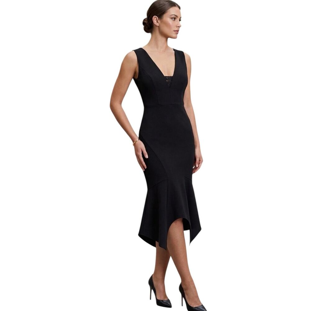 Bariano Black V-Neck Asymmetrical Hem Sleeveless Midi Dress Style B20D47 Size 6